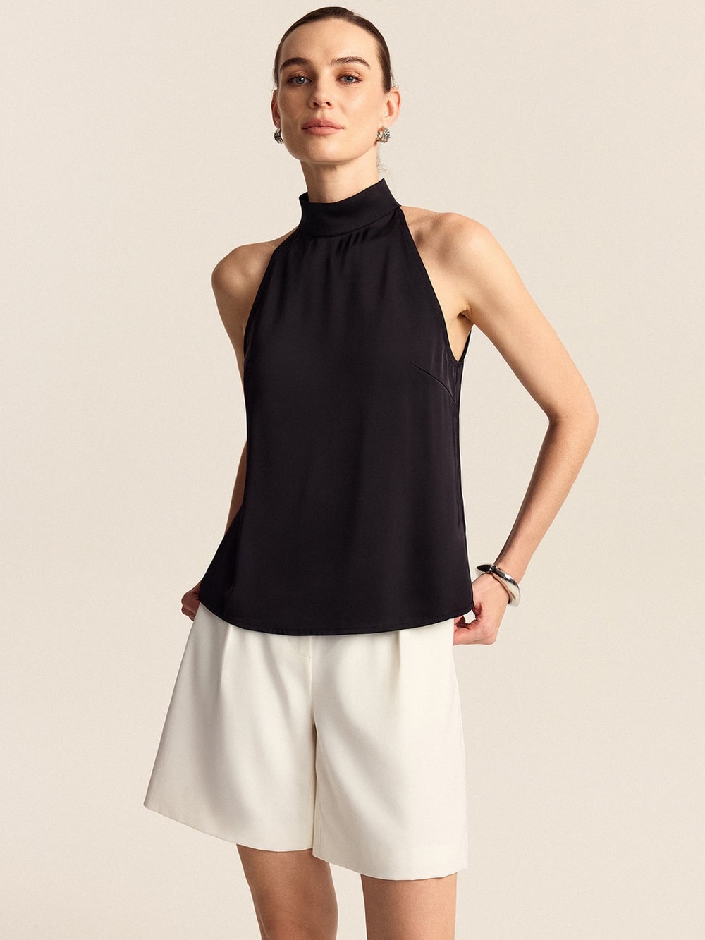 Commense Black Satin Halter Top Size Medium